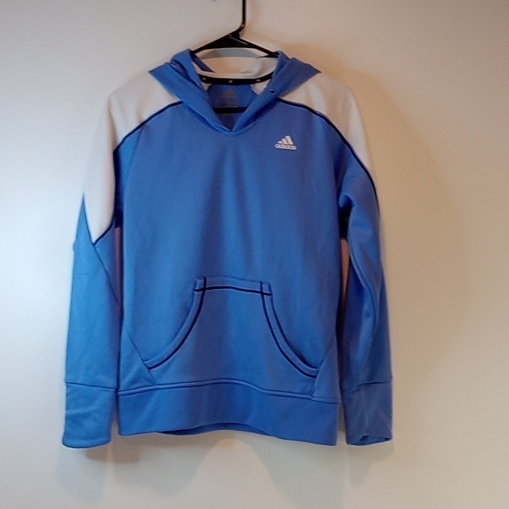 Adidas Sweatshirt Hoodie Pullover Blue/White Men's Sz Medium Pockets EUC NICE!